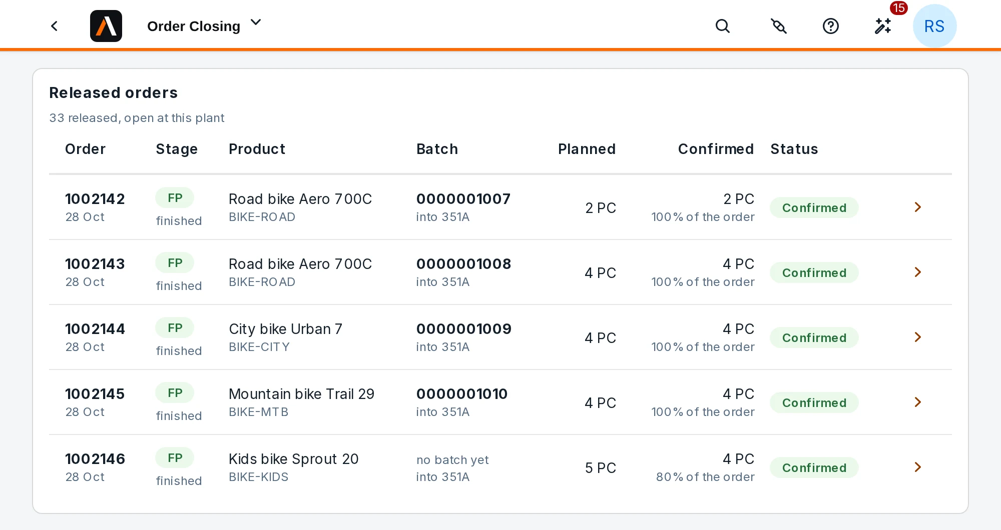 AxiFloor Order Closing at plant 3510: the delivered bike orders 1002142 to 1002146, each with its stage, product, batch, planned and confirmed quantity and status.