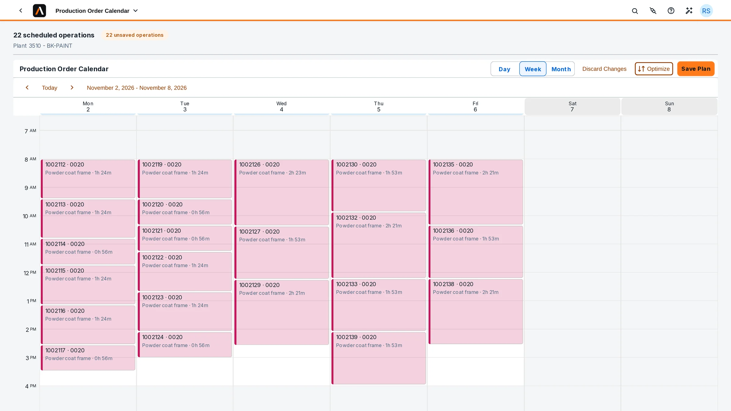 AxiFloor’s Production Order Calendar for work centre BK-PAINT, plant 3510, 2 to 8 November 2026, after Optimize: 22 powder-coat operations laid one after another inside the shifts, a draft of 22 unsaved operations with Save Plan.