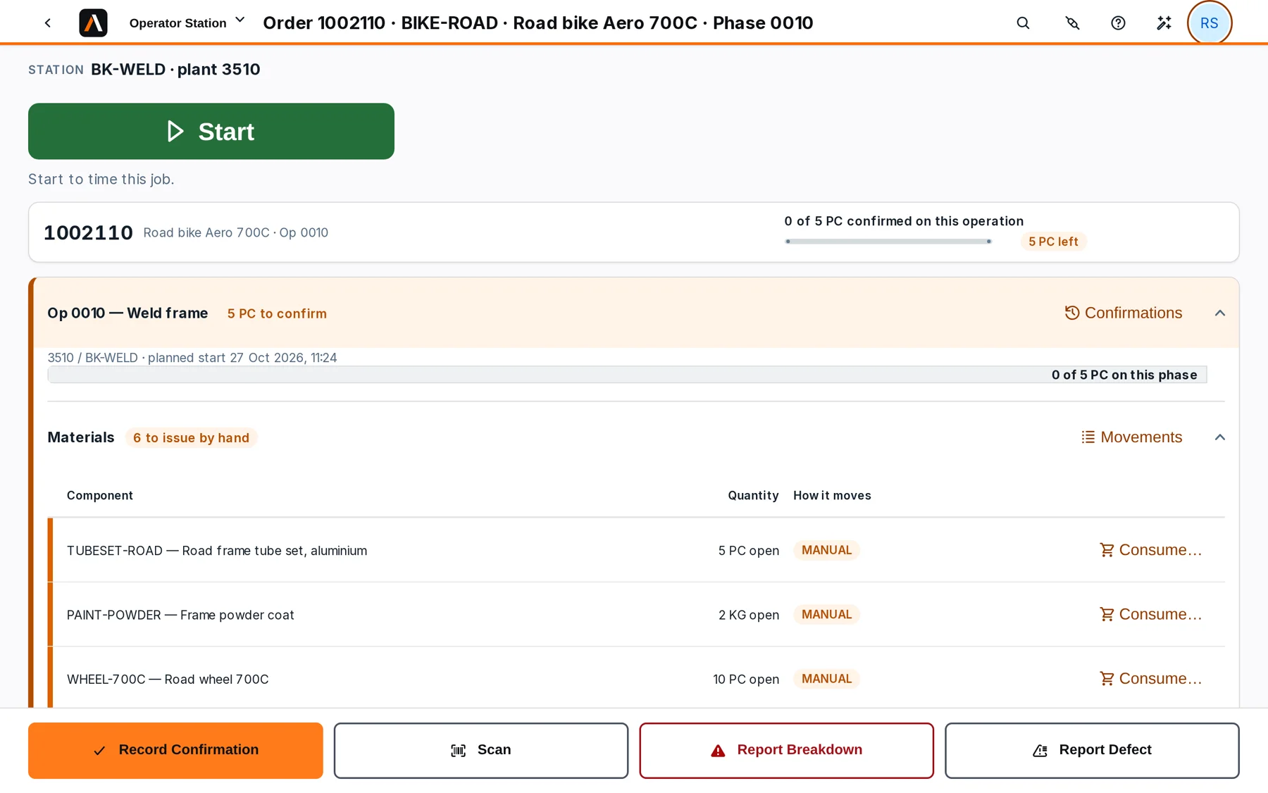 AxiFloor’s Operator Station at work centre BK-WELD: order 1002110, Road bike Aero 700C, operation 0010 Weld frame with 5 PC to confirm, Start, the materials to issue inside the operation, and Record Confirmation, Scan, Report Breakdown and Report Defect.